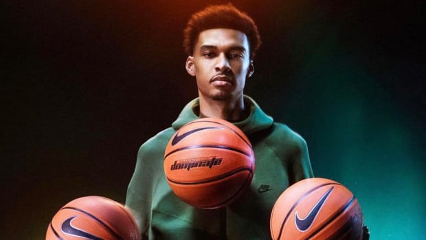 Victor Wembanyama models Nike apparel in a photo shoot.